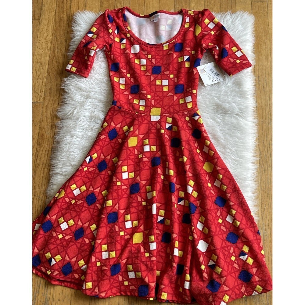 LuLaRoe Size XS Red Blue Yellow Print Nicole Dress Unicorn Rare NWT Bin S